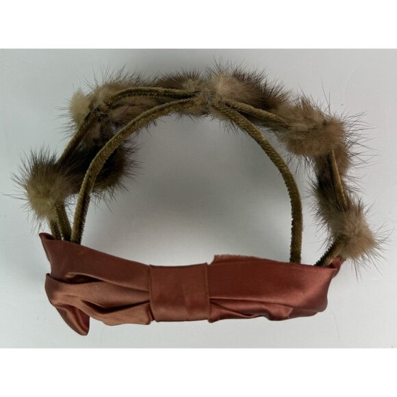 VINTAGE Union Made Fur Circlet Hat Satin Bow‎ Brown Piece Mid Century MCM - Picture 1 of 8